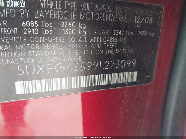 45104697 :رقم المزاد ، 5UXFG43599L223099 vin ، 2009 Bmw X6 Xdrive35i مزاد بيع