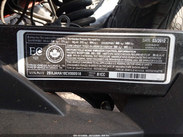 Продаж на аукціоні авто 2012 Can-am Spyder Roadster Rs-s, vin: 2BXJAHA18CV000918, номер лоту: 45104698