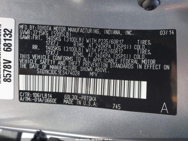 Auction sale of the 2014 Toyota Sienna Xle V6 7 Passenger Auto Access Seat/xle V6 8 Passenger, vin: 5TDYK3DC1ES474028, lot number: 45104705