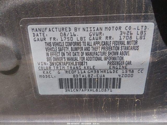 Aukcja sprzedaży 2017 Nissan Versa 1.6 Sv, vin: 3N1CN7APXHL810871, numer aukcji: 45104707