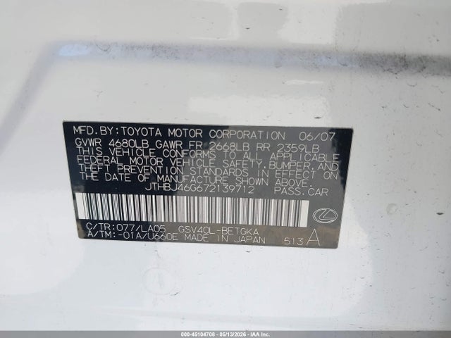 2007 Lexus Es 350 მანქანა იყიდება აუქციონზე, vin: JTHBJ46G672139712, აუქციონის ნომერი: 45104708