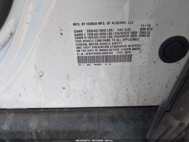 2020 Honda Pilot Awd Elite მანქანა იყიდება აუქციონზე, vin: 5FNYF6H0XLB028144, აუქციონის ნომერი: 45104712