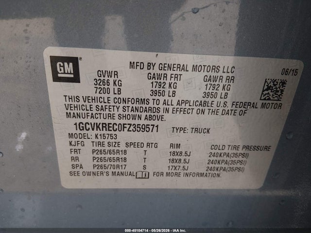 1GCVKREC0FZ359571 Chevrolet Silverado 1500 2lt