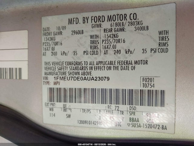 Продажа на аукционе авто 2010 Ford Explorer Xlt, vin: 1FMEU7DE0AUA23079, номер лота: 45104716