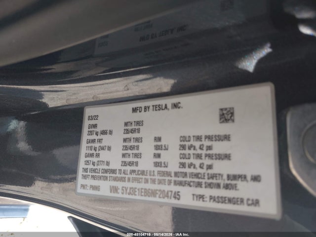 2022 Tesla Model 3 Long Range Dual Motor All-wheel Drive მანქანა იყიდება აუქციონზე, vin: 5YJ3E1EB6NF204745, აუქციონის ნომერი: 45104719