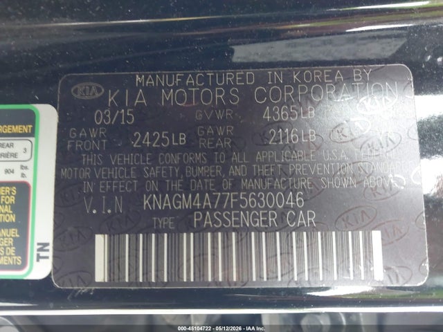 Продажа на аукционе авто 2015 Kia Optima Lx, vin: KNAGM4A77F5630046, номер лота: 45104722