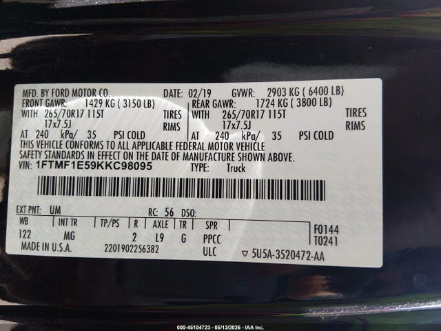 Ford F-150 Xlt 2019 1FTMF1E59KKC98095 Image 9