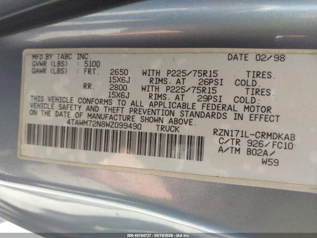 1998 Toyota Tacoma მანქანა იყიდება აუქციონზე, vin: 4TAWM72N8WZ099490, აუქციონის ნომერი: 45104727