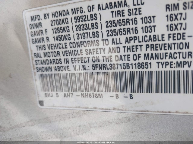 45104730 :رقم المزاد ، 5FNRL38715B118651 vin ، 2005 Honda Odyssey Ex-l مزاد بيع