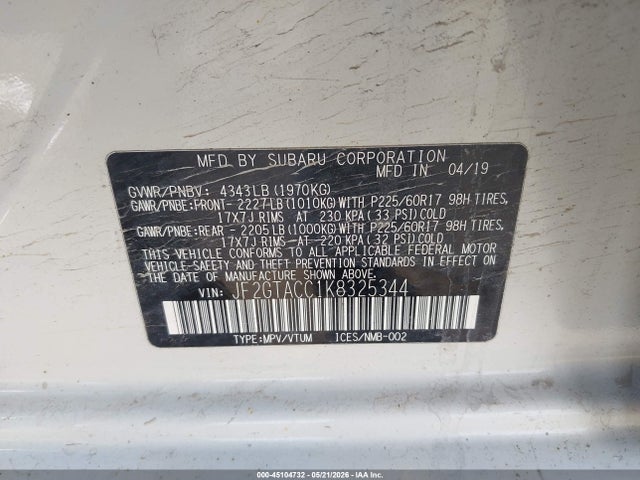 JF2GTACC1K8325344 Subaru Crosstrek 2.0i Premium