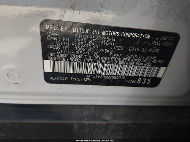 45104734 :رقم المزاد ، JA4J3VA86NZ090216 vin ، 2022 Mitsubishi Outlander Sel 2.5 2wd/sel Special Edition 2wd مزاد بيع