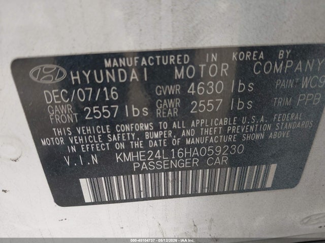 45104737 :رقم المزاد ، KMHE24L16HA059230 vin ، 2017 Hyundai Sonata Hybrid Se مزاد بيع