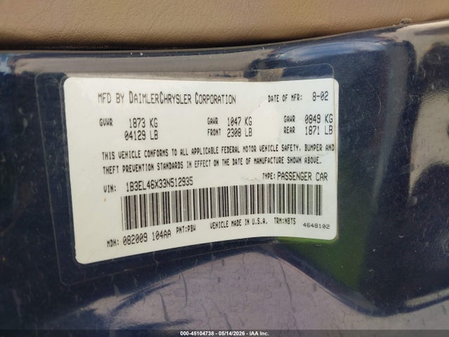 Продажа на аукционе авто 2003 Dodge Stratus Sxt, vin: 1B3EL46X33N512935, номер лота: 45104738