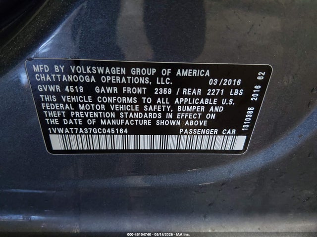 1VWAT7A37GC045164 Volkswagen Passat 1.8t S