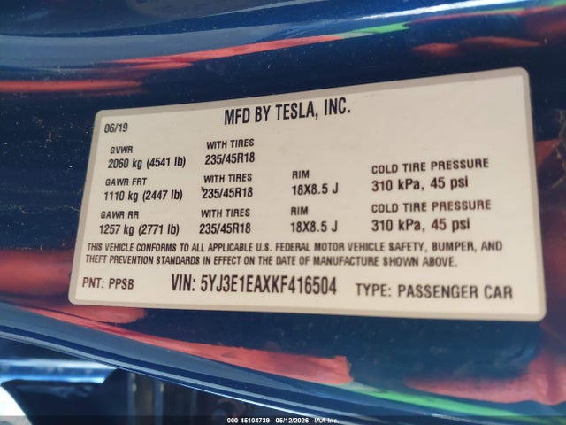 Aukcja sprzedaży 2019 Tesla Model 3 Long Range/mid Range/standard Range/standard Range Plus, vin: 5YJ3E1EAXKF416504, numer aukcji: 45104739