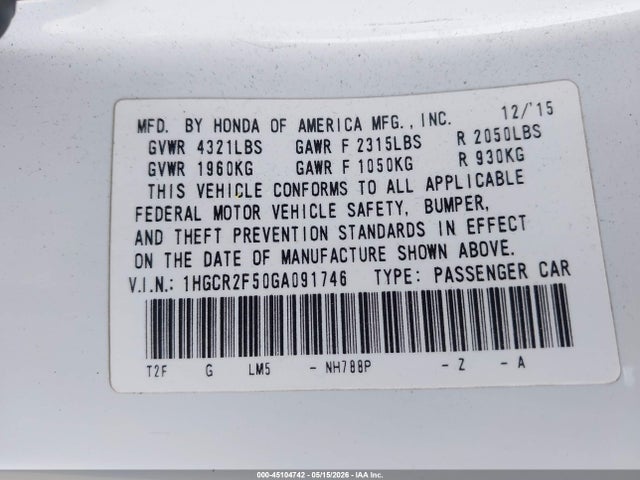 2016 Honda Accord Sport მანქანა იყიდება აუქციონზე, vin: 1HGCR2F50GA091746, აუქციონის ნომერი: 45104742