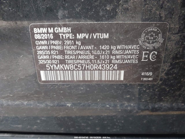 Продаж на аукціоні авто 2017 Bmw X6 M, vin: 5YMKW8C57H0R43924, номер лоту: 45104745