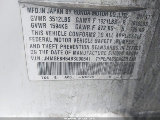 45104759 :رقم المزاد ، JHMGE8H54BS000541 vin ، 2011 Honda Fit Sport مزاد بيع