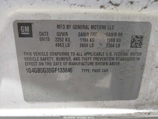 Auction sale of the 2016 Buick Lacrosse Leather, vin: 1G4GB5G35GF133846, lot number: 45104765