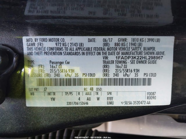 Продажа на аукционе авто 2017 Ford Focus Se, vin: 1FADP3K22HL298967, номер лота: 45104767