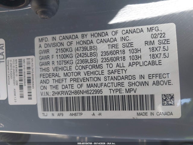 45104769 :رقم المزاد ، 2HKRW2H86NH622995 vin ، 2022 Honda Cr-v Awd Ex-l مزاد بيع