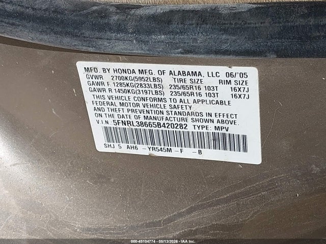 Продаж на аукціоні авто 2005 Honda Odyssey Ex-l, vin: 5FNRL38665B420282, номер лоту: 45104774