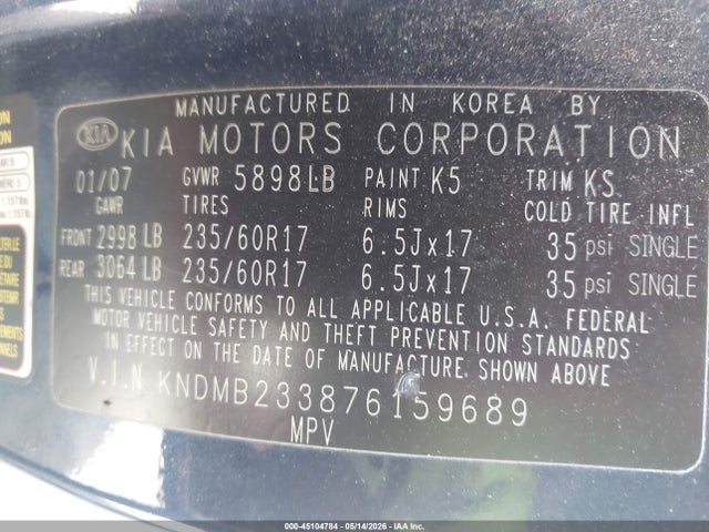 45104784 :رقم المزاد ، KNDMB233876159689 vin ، 2007 Kia Sedona Ex مزاد بيع