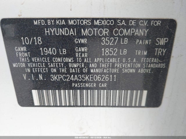 Aukcja sprzedaży 2019 Hyundai Accent Se, vin: 3KPC24A35KE062611, numer aukcji: 45104787