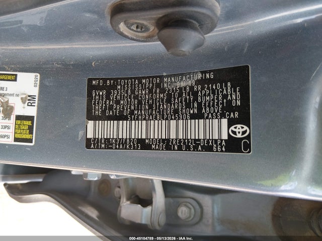 2020 Toyota Corolla Le მანქანა იყიდება აუქციონზე, vin: 5YFHPRAE8LP045906, აუქციონის ნომერი: 45104789