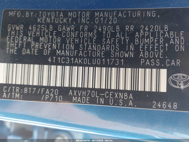 45104791 :رقم المزاد ، 4T1C31AK0LU011731 vin ، 2020 Toyota Camry Le Hybrid مزاد بيع