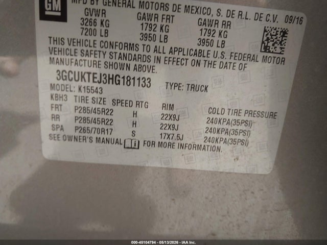 Продажа на аукционе авто 2017 Chevrolet Silverado 1500 High Country, vin: 3GCUKTEJ3HG181133, номер лота: 45104794