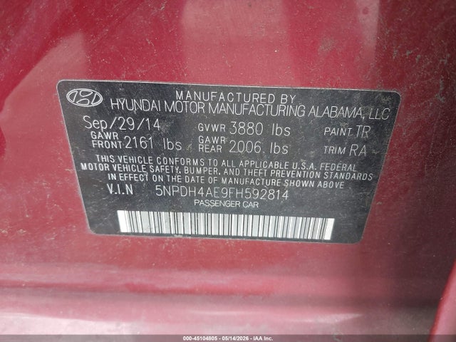 Hyundai ELANTRA SE 2015 5NPDH4AE9FH592814 Image 9