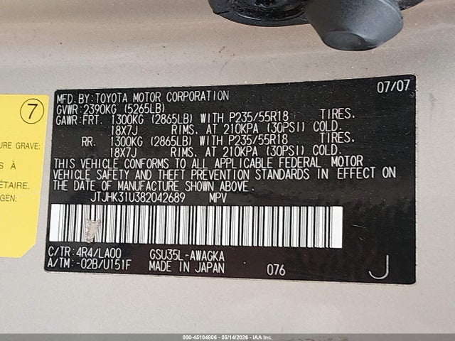 45104806 :رقم المزاد ، JTJHK31U382042689 vin ، 2008 Lexus Rx 350 مزاد بيع