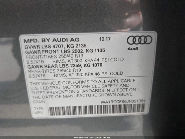 Aukcja sprzedaży 2018 Audi Q3 2.0t Premium/2.0t Sport Premium, vin: WA1BCCFS5JR021394, numer aukcji: 45104808