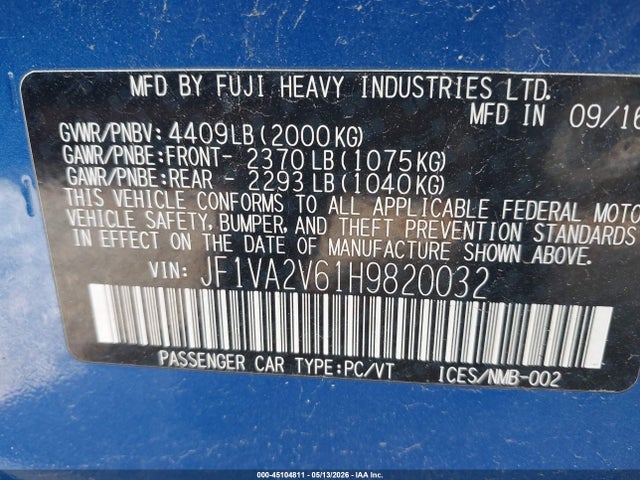 Продаж на аукціоні авто 2017 Subaru Wrx Sti, vin: JF1VA2V61H9820032, номер лоту: 45104811