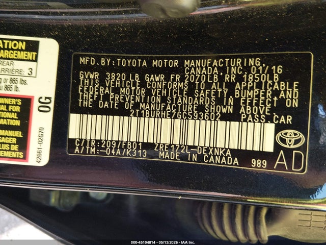 2016 Toyota Corolla Le მანქანა იყიდება აუქციონზე, vin: 2T1BURHE7GC593602, აუქციონის ნომერი: 45104814