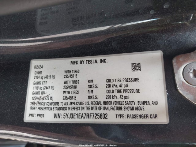 Продаж на аукціоні авто 2024 Tesla Model 3 Long Range Dual Motor All-wheel Drive/rear-wheel Drive, vin: 5YJ3E1EA7RF725602, номер лоту: 45104822