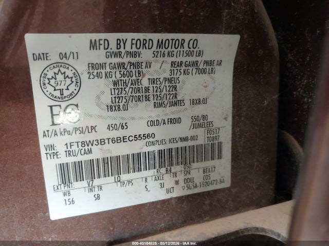 Aukcja sprzedaży 2011 Ford F-350 Lariat, vin: 1FT8W3BT6BEC55560, numer aukcji: 45104825