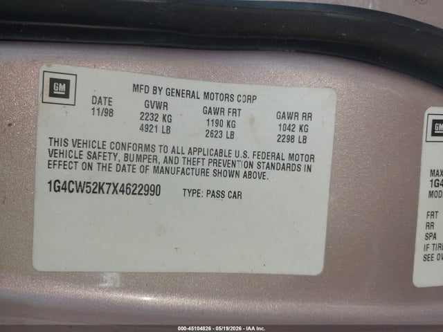 Продаж на аукціоні авто 1999 Buick Park Avenue, vin: 1G4CW52K7X4622990, номер лоту: 45104826