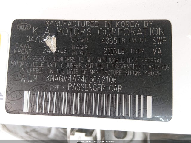 KNAGM4A74F5642106 KIA Optima Lx