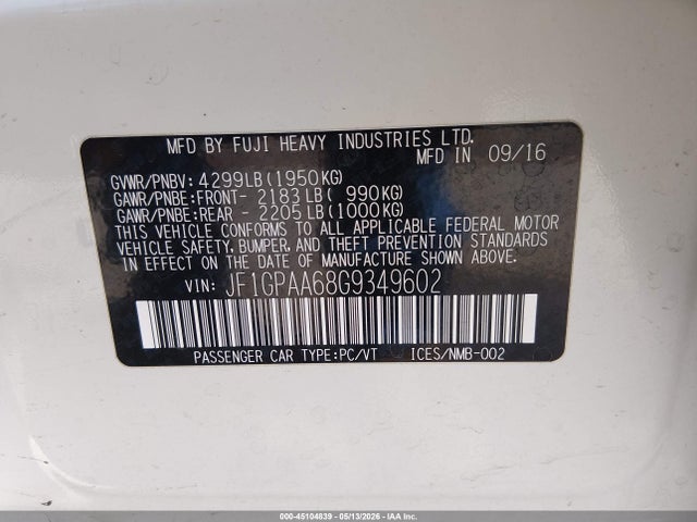 45104839 :رقم المزاد ، JF1GPAA68G9349602 vin ، 2016 Subaru Impreza 2.0i مزاد بيع