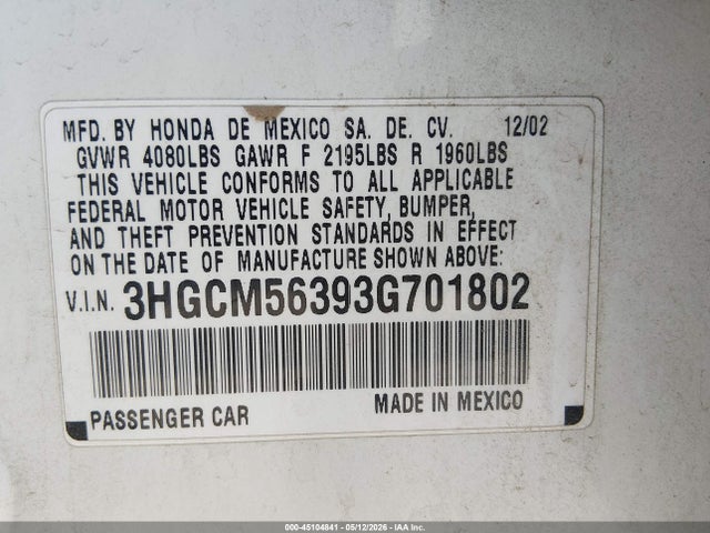 45104841 :رقم المزاد ، 3HGCM56393G701802 vin ، 2003 Honda Accord 2.4 Lx مزاد بيع