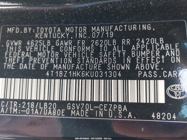 4T1BZ1HK6KU031304 Toyota Camry Xse V6