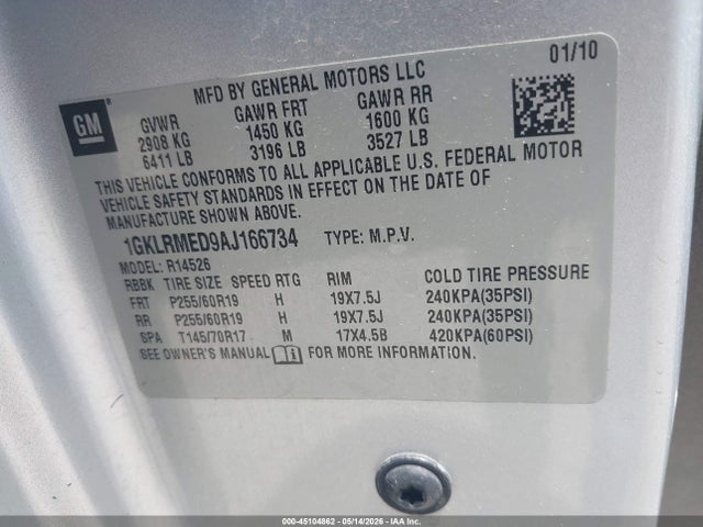 45104862 :رقم المزاد ، 1GKLRMED9AJ166734 vin ، 2010 Gmc Acadia Slt-1 مزاد بيع