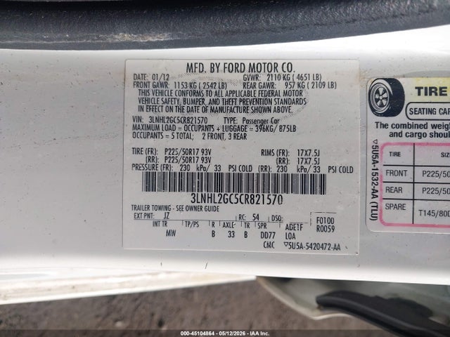 Auction sale of the 2012 Lincoln Mkz, vin: 3LNHL2GC5CR821570, lot number: 45104864