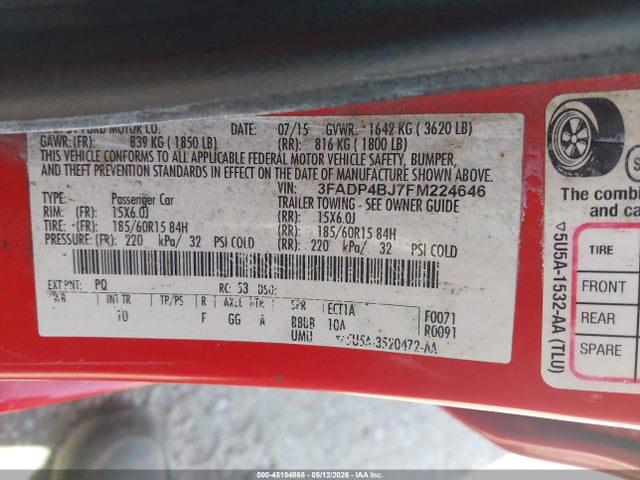 45104868 :رقم المزاد ، 3FADP4BJ7FM224646 vin ، 2015 Ford Fiesta Se مزاد بيع