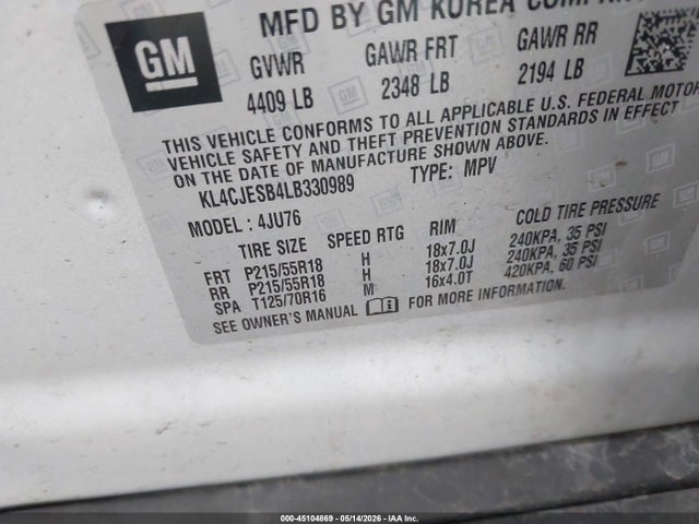 45104869 :رقم المزاد ، KL4CJESB4LB330989 vin ، 2020 Buick Encore Awd Preferred مزاد بيع