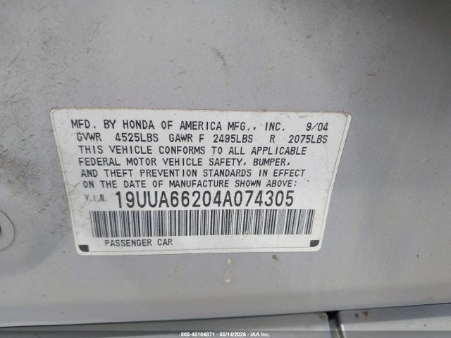 2004 Acura Tl მანქანა იყიდება აუქციონზე, vin: 19UUA66204A074305, აუქციონის ნომერი: 45104871
