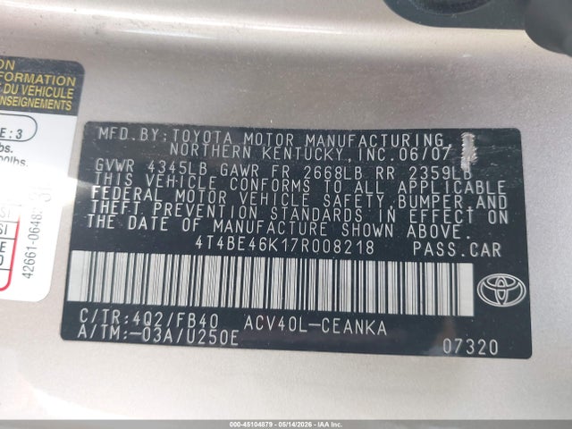 45104879 :رقم المزاد ، 4T4BE46K17R008218 vin ، 2007 Toyota Camry Le مزاد بيع