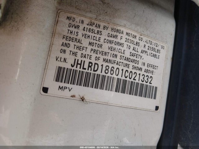 2001 Honda Cr-v Ex მანქანა იყიდება აუქციონზე, vin: JHLRD18601C021332, აუქციონის ნომერი: 45104886